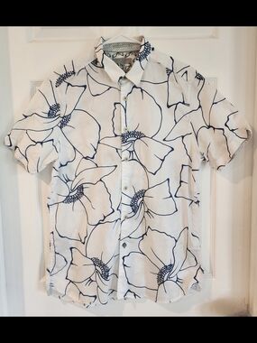 Ted Baker London White Hawaiian Shirt Short Sleeve Navy Floral Aloha Men's 4